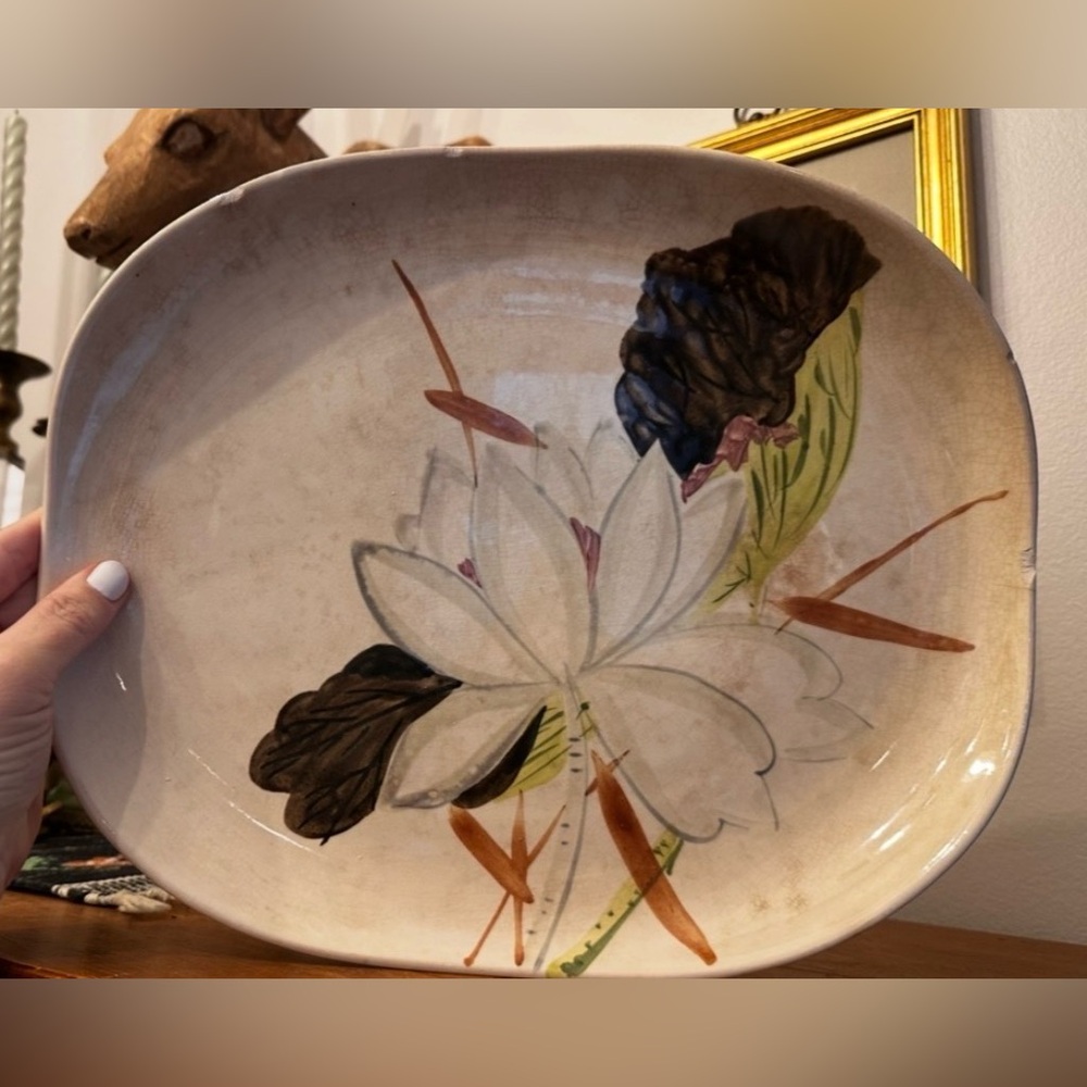 Vintage 1940s Redwing Pottery Lotus Bronze Platter / Dish Stained and Crazed